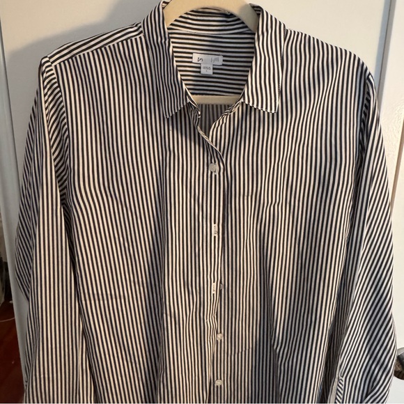 J. Jill Black and White Striped Button Down Longline Shirt - Picture 2 of 5